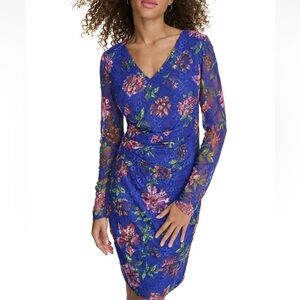 SIENA FLORAL PRINT LACE OVERLAY RUCHED WAIST BODYCON DRESS PINKS BLUES SIZE 4